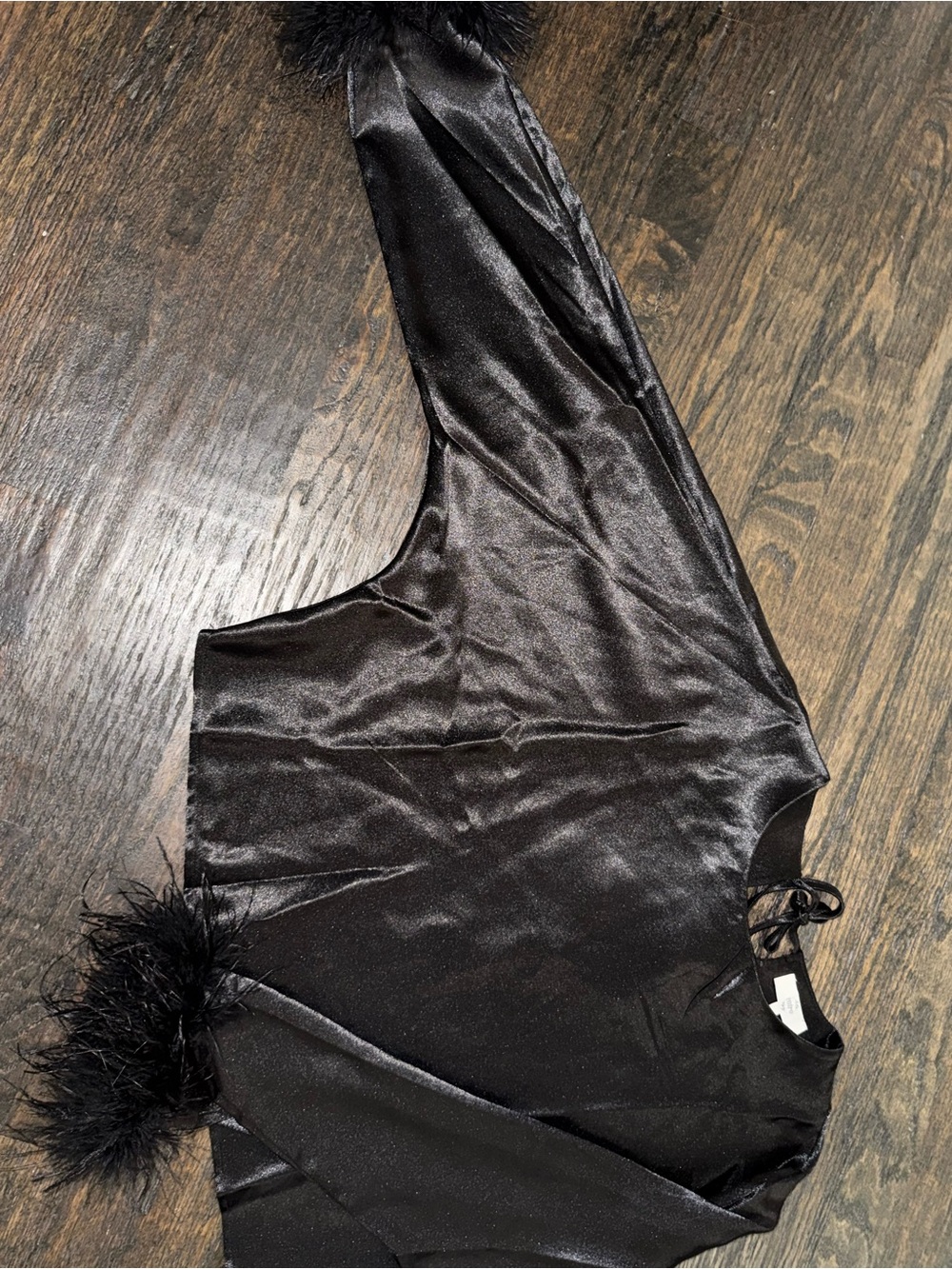 entro Black Satin Top with Feather Trim on bottom of the sleeves